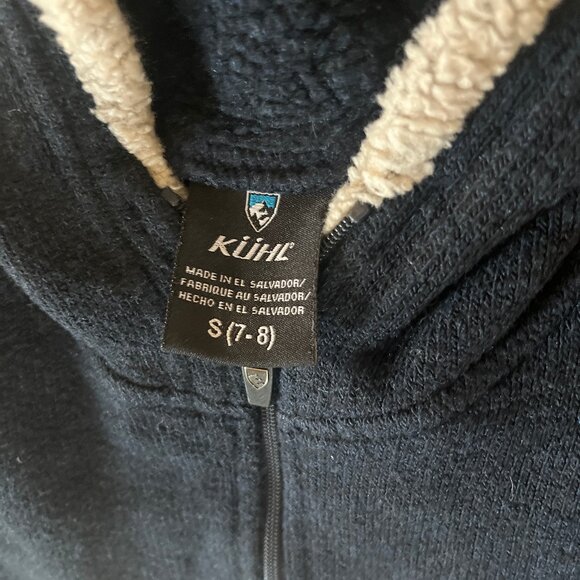 Kuhl Apres Ski Fleece Hoody Full Zip Girl's Jacket Navy with Cream Teddy Trim - Picture 3 of 5